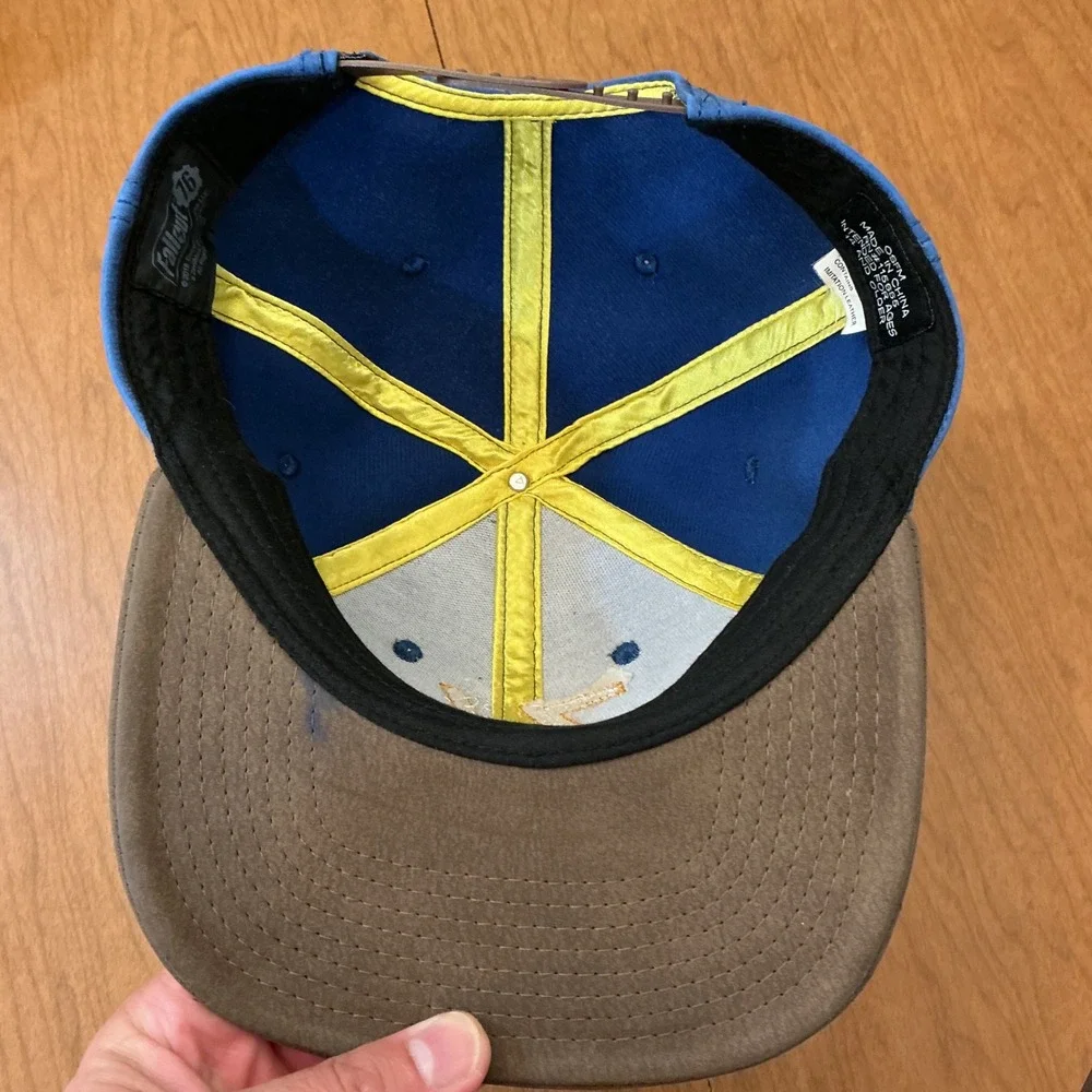 Fallout 76 Snapback Hat Unisex OSFM Blue Brown Faux Leather Gaming Vault-Tec